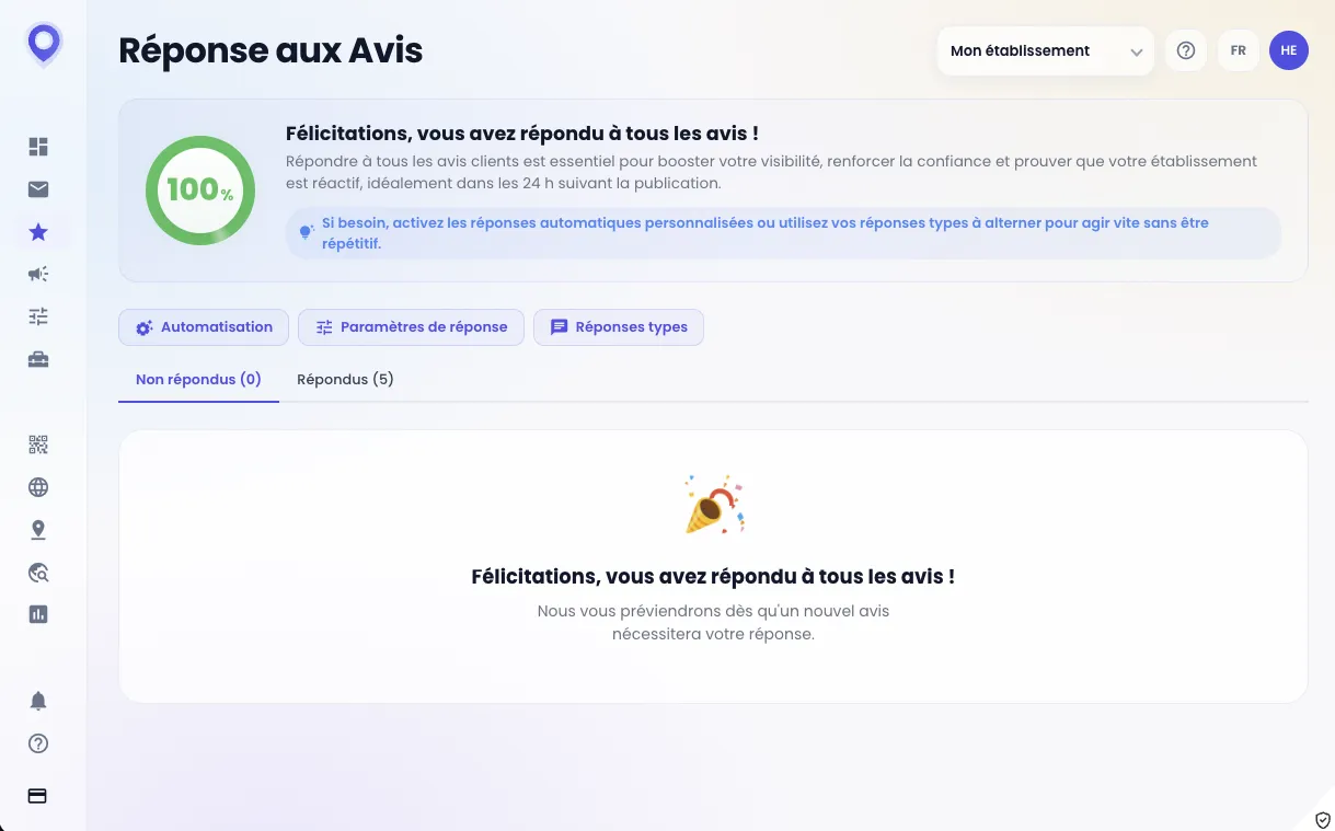 Capture de l'écran de l'application Leadmia pour la gestion des avis Google